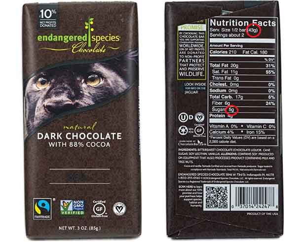 Endangered Species 88% Dark Chocolate Bar and Nutrition Facts.