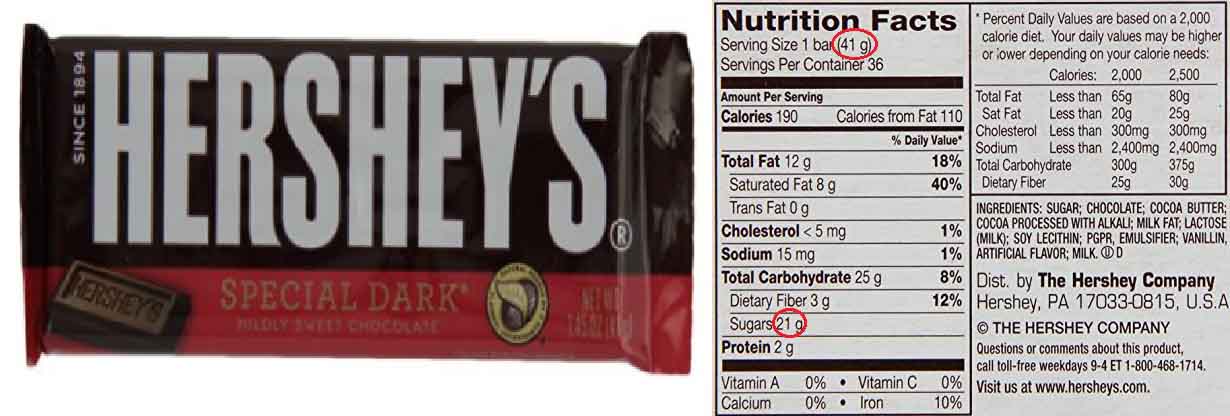 A Hershey's 'Special Dark' Chocolate Bar and Nutrition Facts.