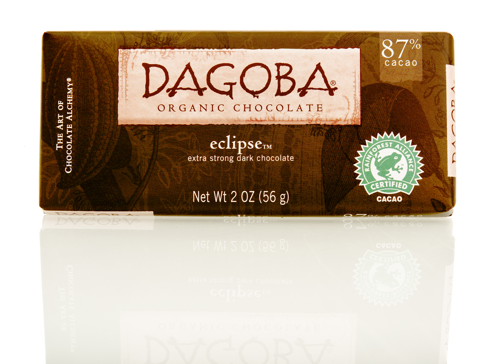 Dagoba Eclipse 87% Extra Strong Dark Chocolate Bar in Wrapper.