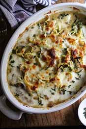 Picture of an onion zoodle bake.