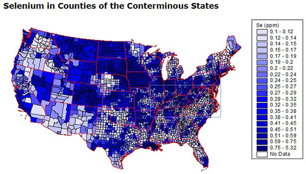 Picture showing soil selenium deficiency in the continental United States.