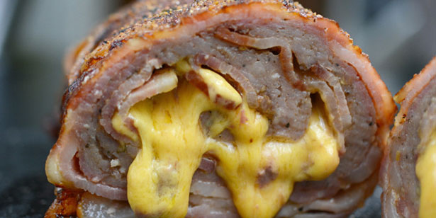 Picture of a bacon and cheese stuffed meatloaf wrapped in bacon.