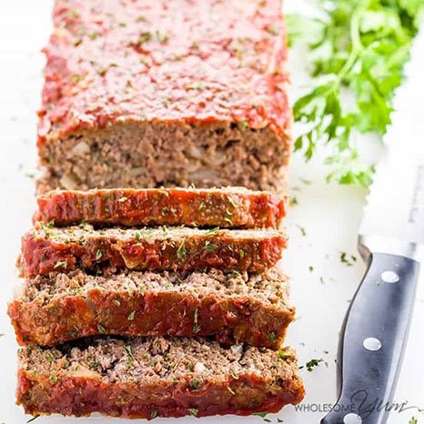 Picture of a paleo low carb meatloaf cut into slices.