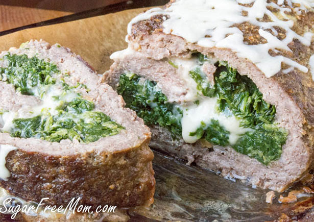 Picture of a low carb meatloaf stuffed with cheese and spinach.