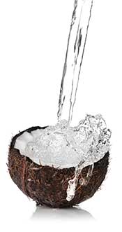 Picture of a fresh coconut cut in half with water splashing.