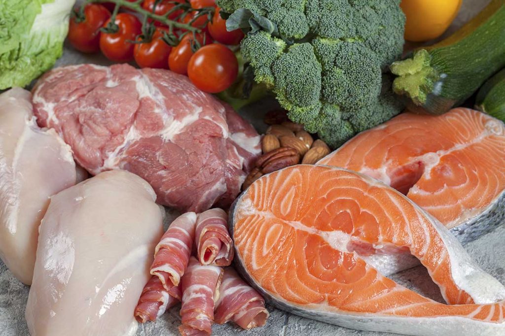 Picture showing healthy ketogenic foods including salmon and meat.