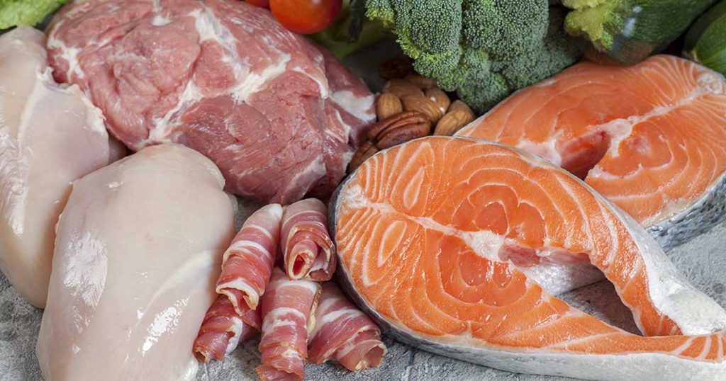 Picture showing ketogenic food choices such as salmon, chicken, broccoli, tomatoes, and meat.