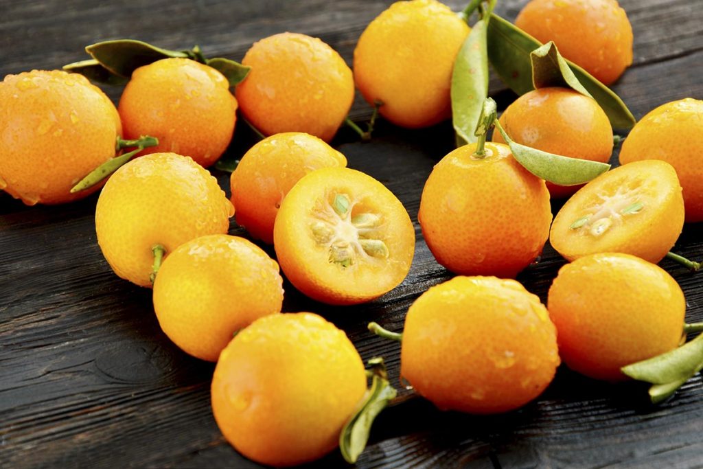 Numerous kumquat fruits on a black surface.