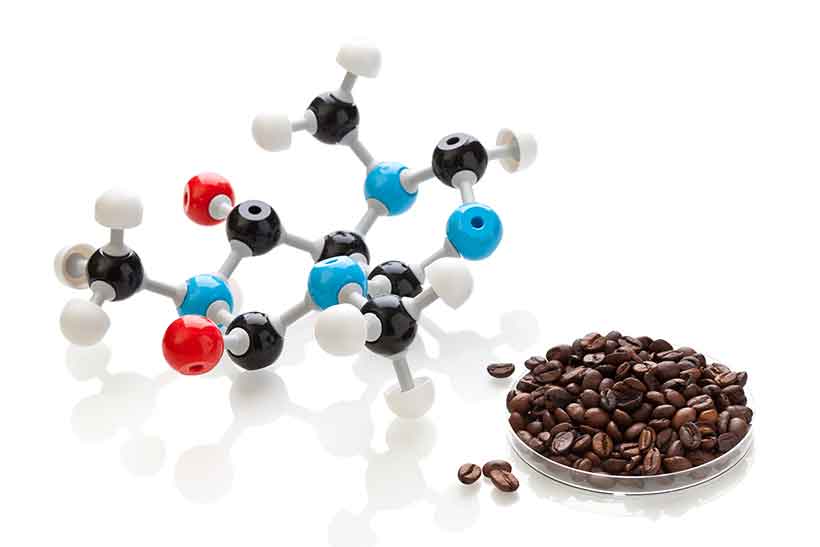 A Picture of the Molecular Structure of Caffeine and Coffee Beans.