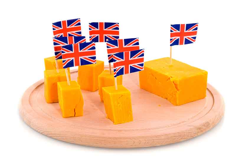 Cheddar Cheese Pieces With Mini British Flags in Them.