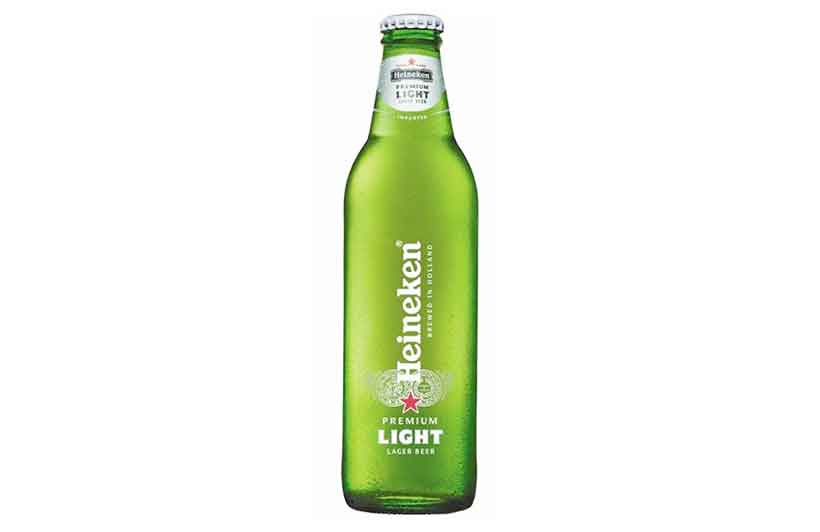 A Light Green Glass Bottle of Heineken Light Premium Beer.