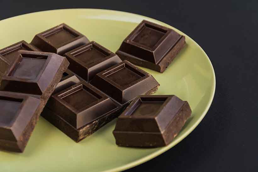 Pieces of a Homemade Dark Chocolate Bar On a Plate.