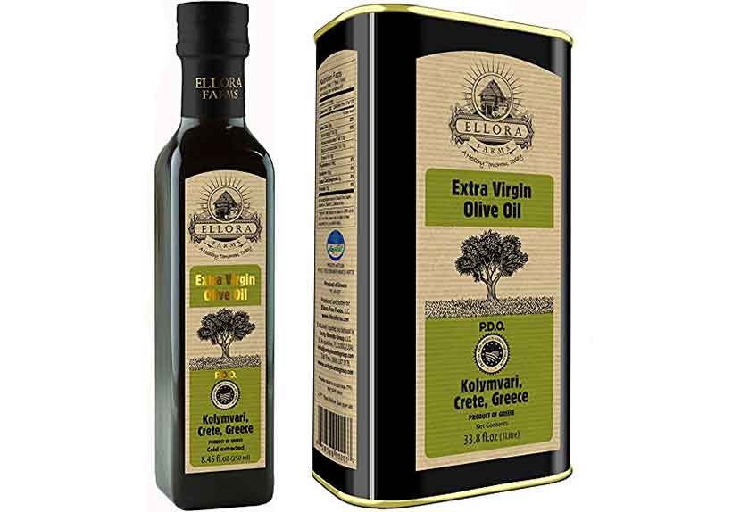 A Tin and Glass Bottle of Ellora Farm's Extra Virgin Olive Oil.