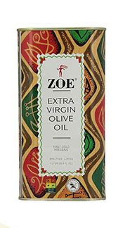 A Large Multi-colored Tin of ZOE's Extra Virgin Olive Oil.