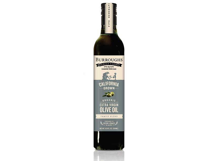 A Dark Glass Bottle of Burroughs Family Farms Extra Virgin Olive Oil.