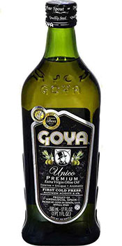 A 500ml Glass Bottle of Goya's Ultra Premium Extra Virgin Olive Oil.