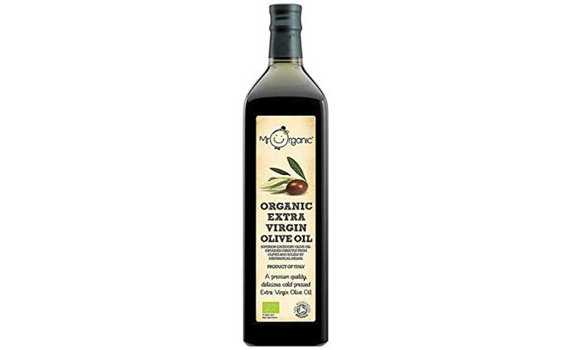 Dark Glass Bottle of Mr Organic Extra Virgin Olive Oil.