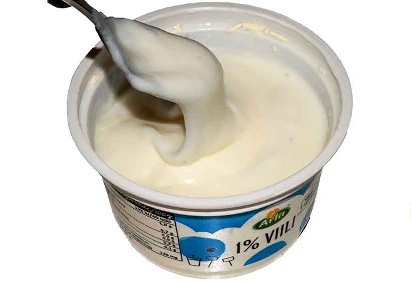 An Open Tub of Viili With a Spoon In It.