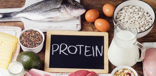 High protein foods on a table - meat, eggs, legumes, etc.