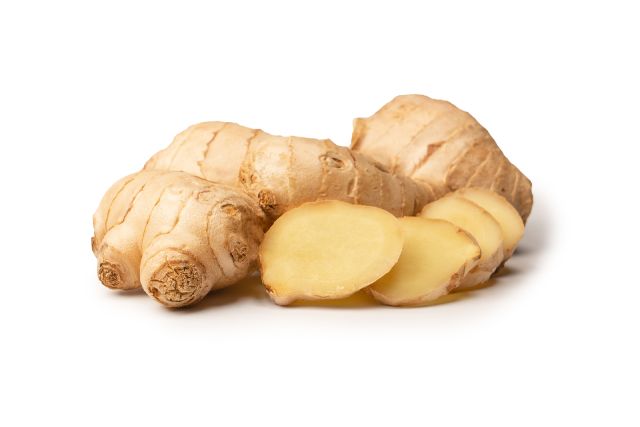 Ginger root tuber on a white background.