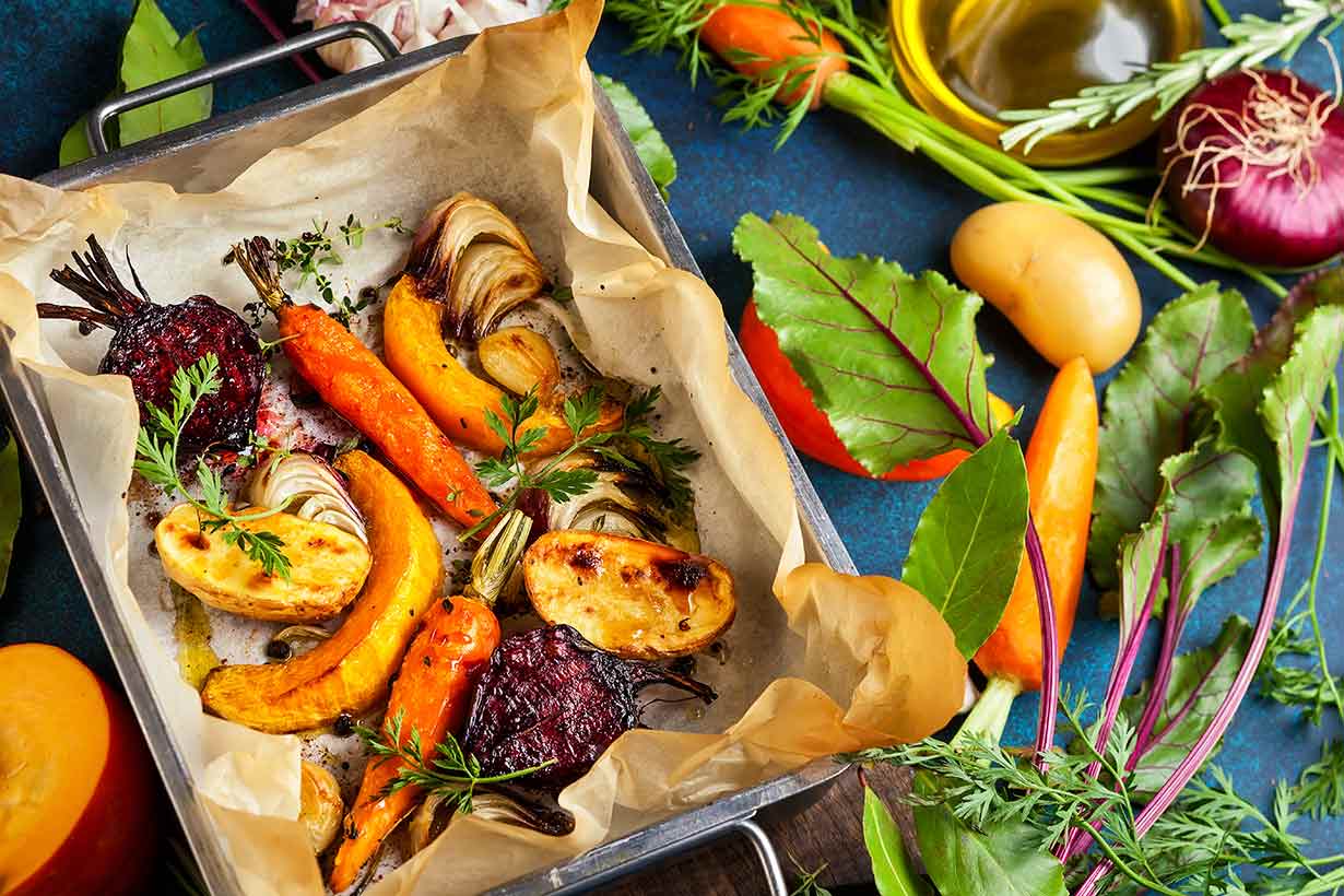 A Variety of Healthy Types of Root Vegetables On a Baking Pan.