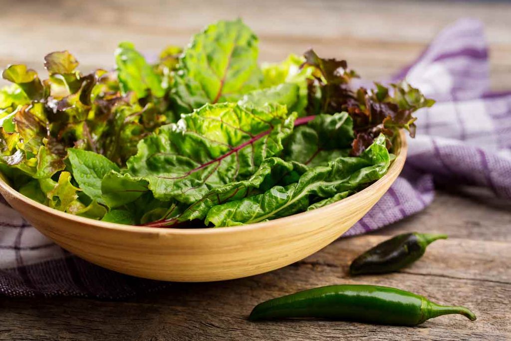 Leafy Green Vegetables In a Wooden Bowl.