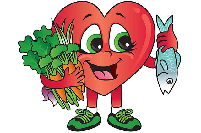 Cartoon Heart Holding Mackerel and Vegetables - Cardiovascular Health Theme.