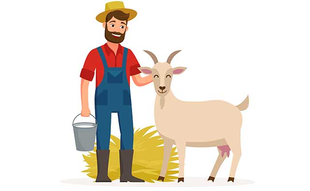 A Farmer Holding a Bucket of Goat Milk Standing Next To a Goat.