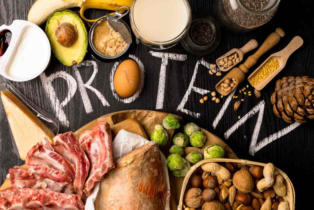 Various high protein foods - eggs, meat, legumes, dairy, and more.