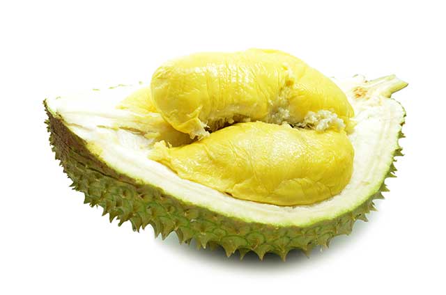 A Durian Fruit Cut Open Showing the Inner Flesh.