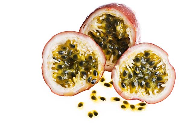 Pieces of Passion Fruit Showing the Inner Flesh and Seeds.