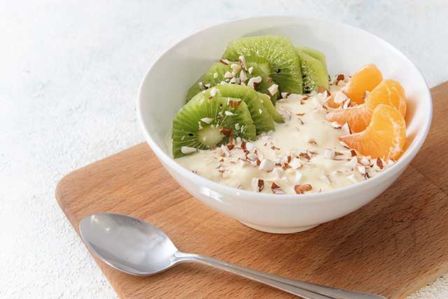 A High-Protein Breakfast Dish Featuring Quark. Nuts and Fruit.