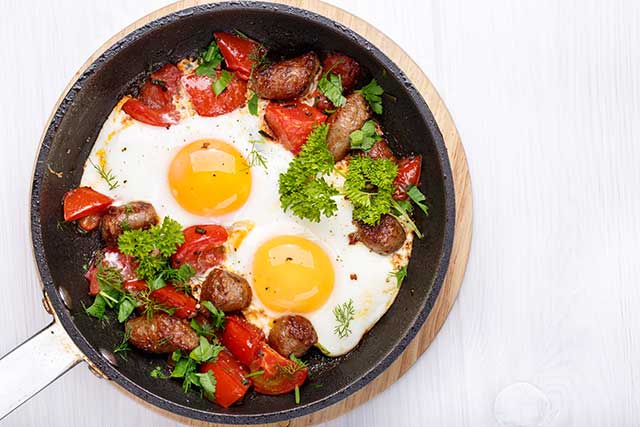 Sausages, Eggs, and Tomatoes Breakfast Pan.