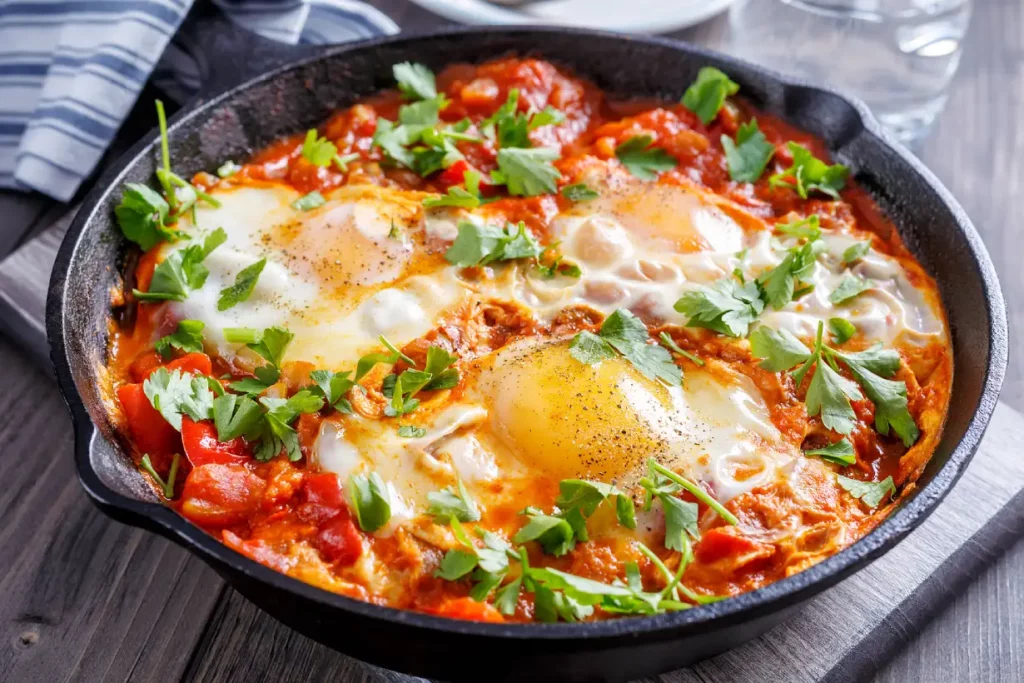 Cooked Shakshuka (poached eggs in a tomato sauce) in a skillet.