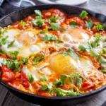 Cooked Shakshuka (poached eggs in a tomato sauce) in a skillet.