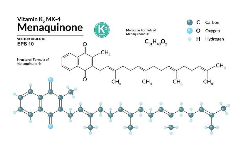 La estructura química y la fórmula de la vitamina K2 MK4 (Menaquinona).