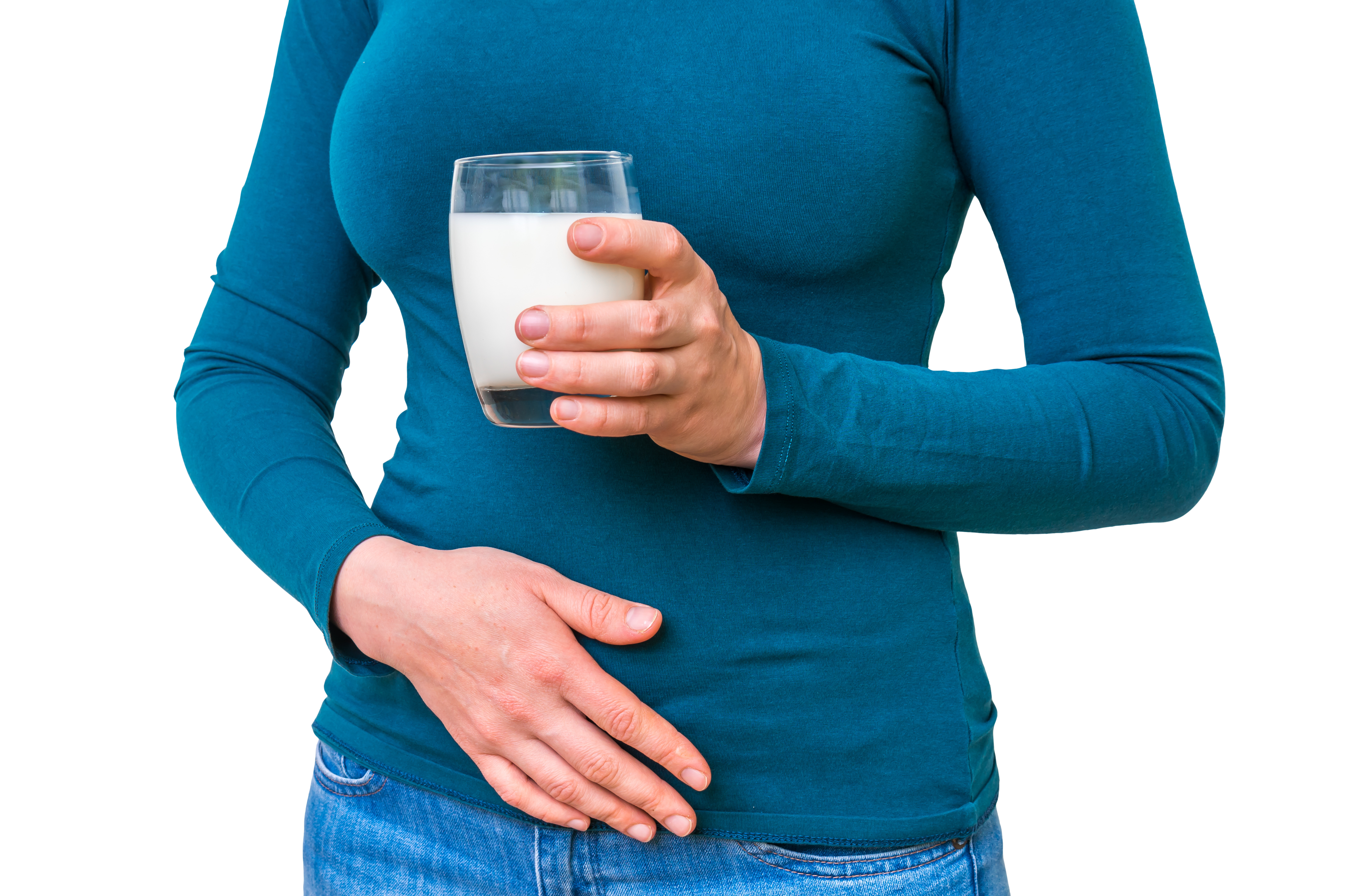 Woman Drinking Milk and Holding Her Stomach.