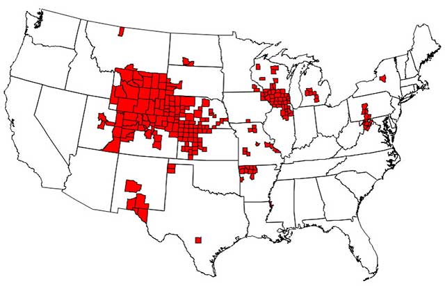 Map Showing the Counties With Chronic Wasting Disease in the United States.