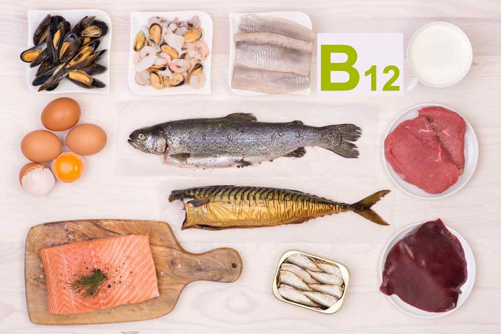 Various foods that are high in vitamin B12, including meat, fish, and eggs.