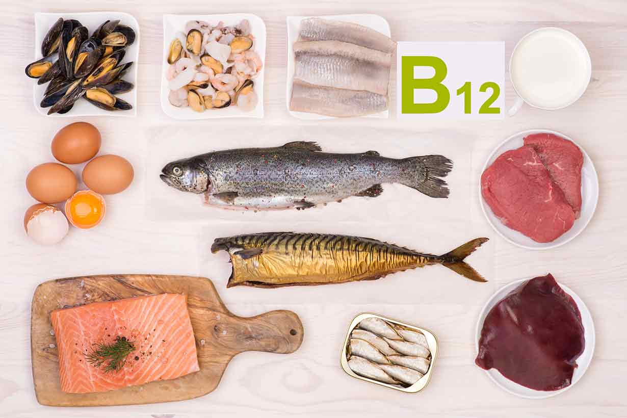 Various foods that are high in vitamin B12, including meat, fish, and eggs.