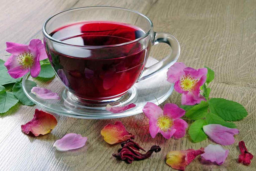 A Glass Cup of Hibiscus Tea On a Glass Saucer.