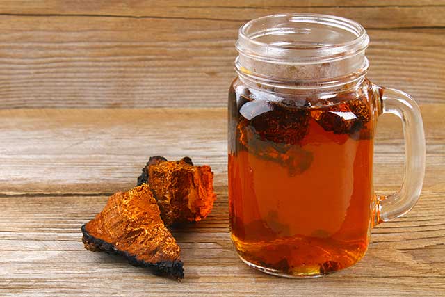 Dried Chaga Mushroom Next To Glass Cup of Chaga Mushroom Tea.