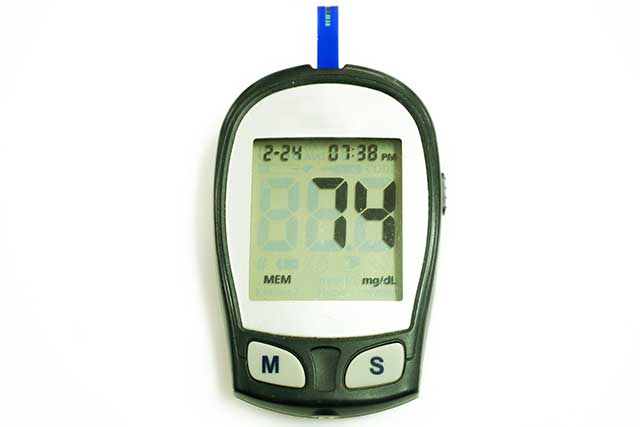 Glucose Meter Showing Blood Glucose Level.
