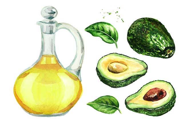 Illustration of Avocado Oil Alongside Avocado Fruit Halves.