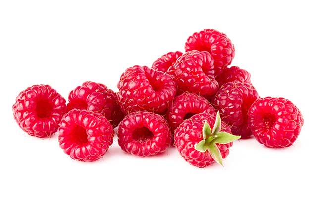 Red Raspberries With Green Stem Attached To One.