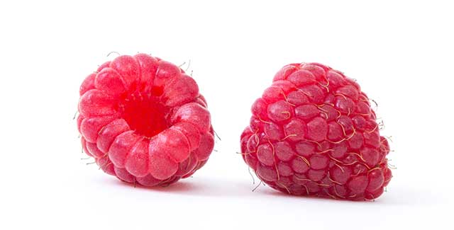 Up-close Photo of Two Red Raspberries.