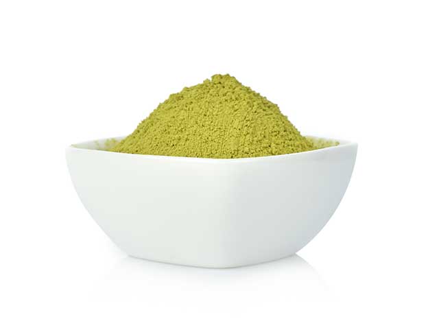 Matcha Green Tea Powder In a White Bowl.