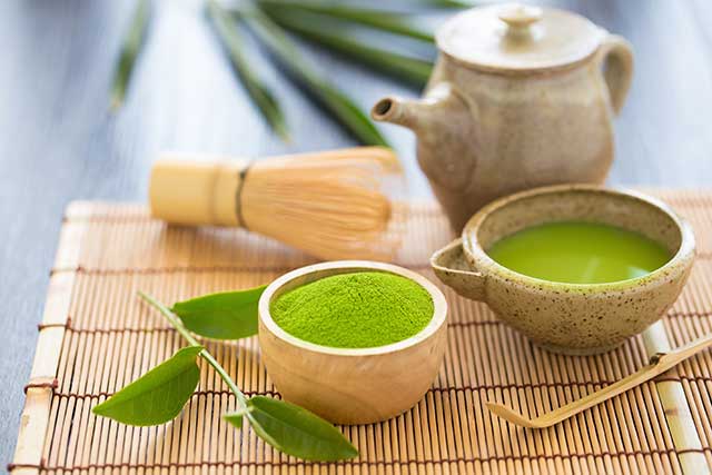 Matcha Tea With Matcha Powder and Traditional Japanese Tea Set.