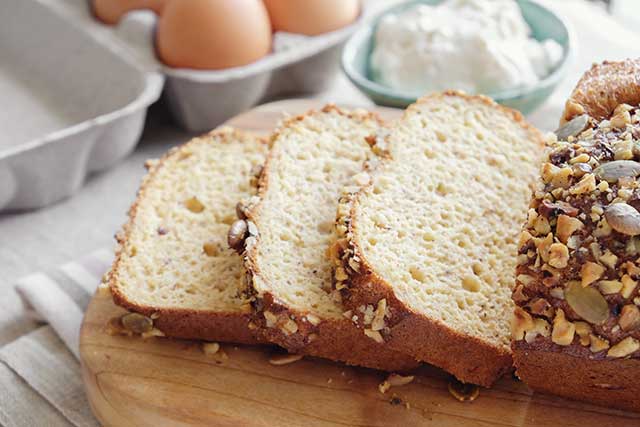 Low Carb Foods Including Almond Keto Bread and Eggs.