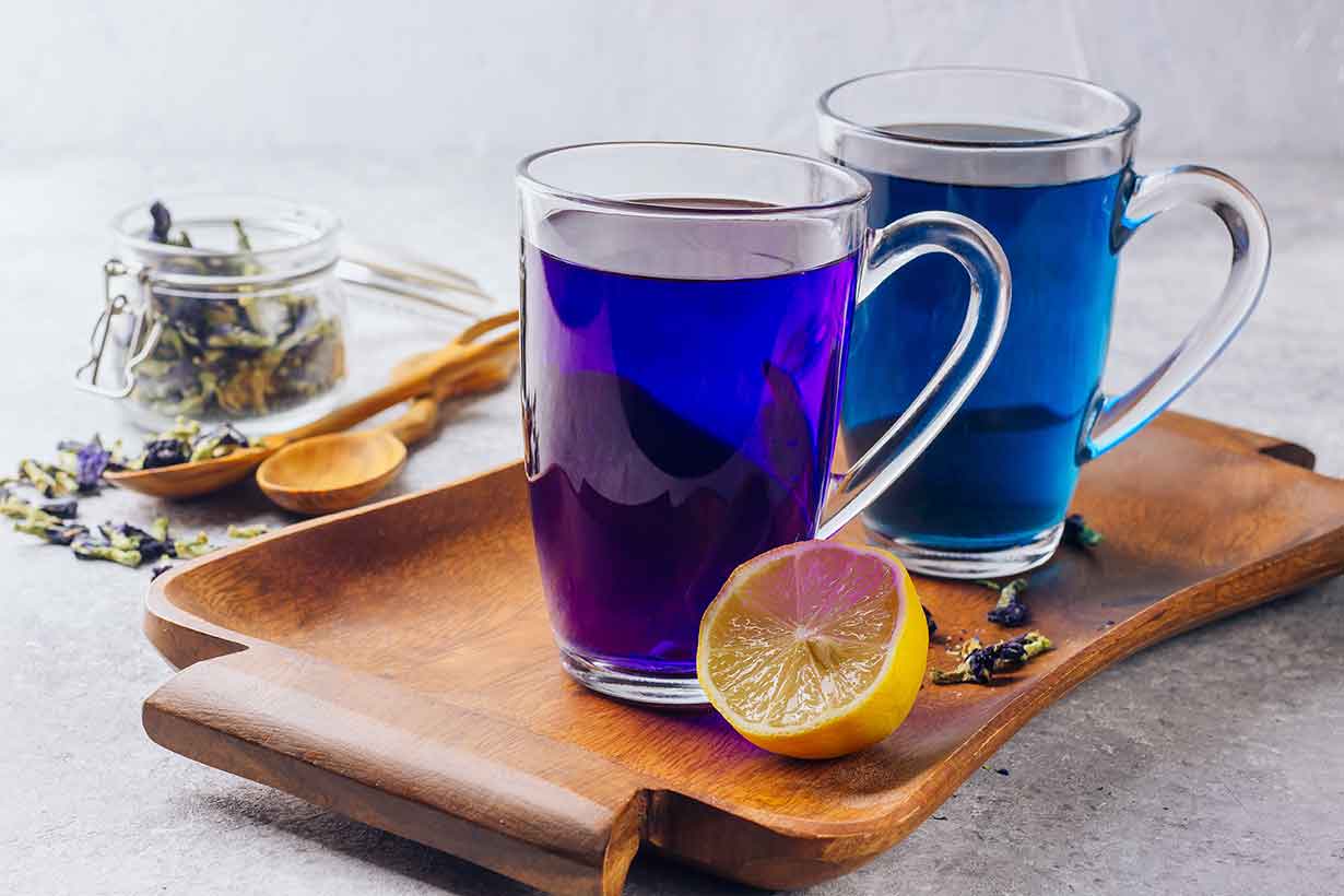 Two Glasses of Butterfly Pea Flower Tea.